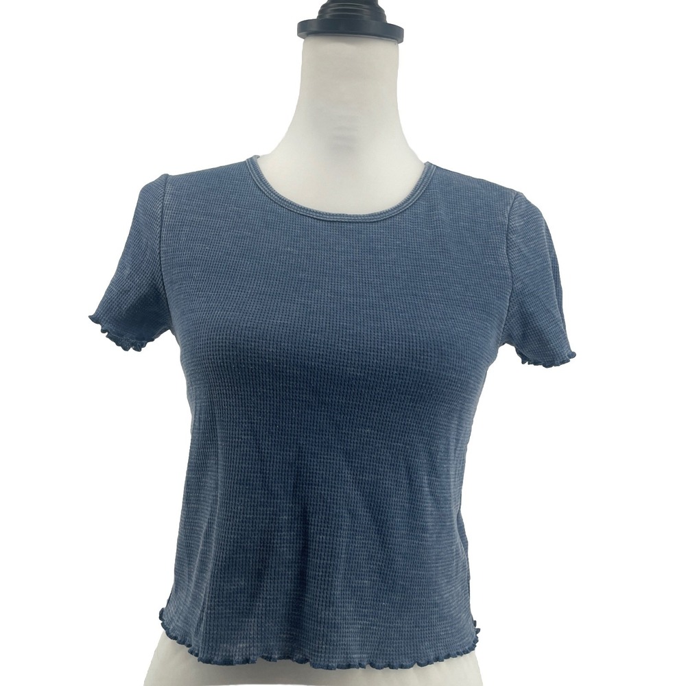 American Eagle Waffle Knit Top Women's Medium Y2K Distressed Blue Crop Ruffle